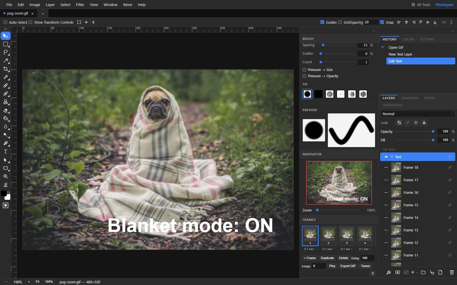 The Photoyam editor with an animated GIF of a pug in a blanket captioned 'Blanket mode: ON' in bold white text, the Character panel set to 34 px, the Frames panel showing frames at 0.1 s with an Export GIF button, and a Text layer above Frame 18, Frame 17 and the other frame layers.
