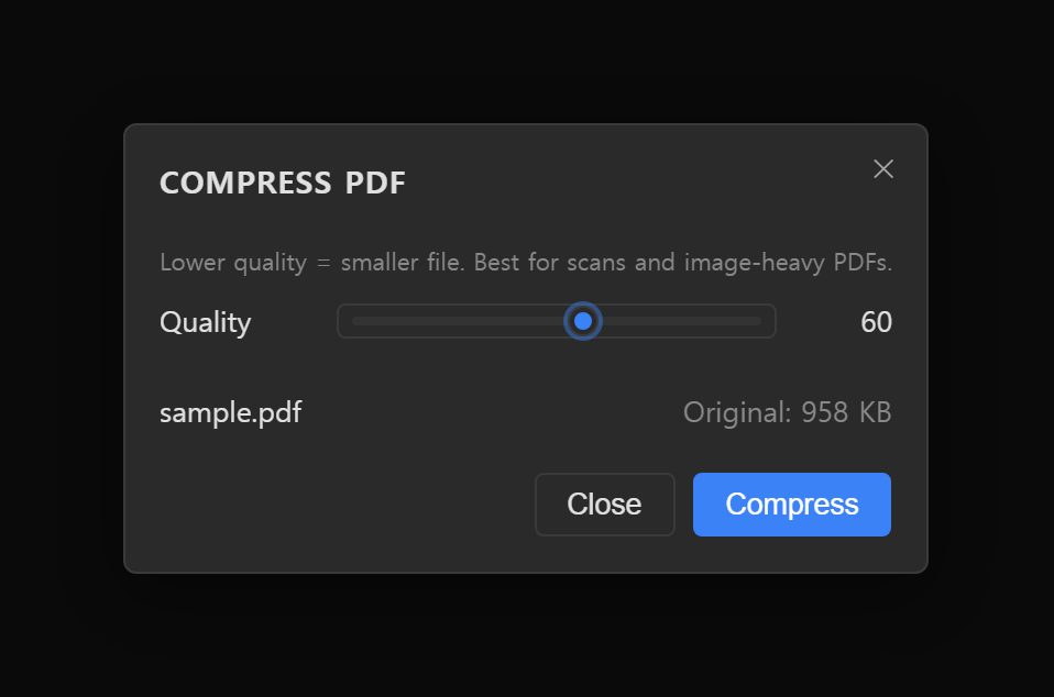 Photoyam's Compress PDF window with the Quality slider at 60, sample.pdf listed with an original size of 958 KB, and Close and Compress buttons.