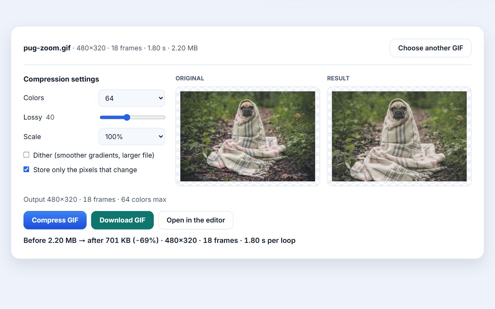 The Photoyam GIF compressor with pug-zoom.gif loaded: Colors 64, Lossy 40, Scale 100%, Dither off and Store only the pixels that change on, the original and compressed GIFs side by side, and the result line Before 2.20 MB, after 701 KB, minus 69 percent.