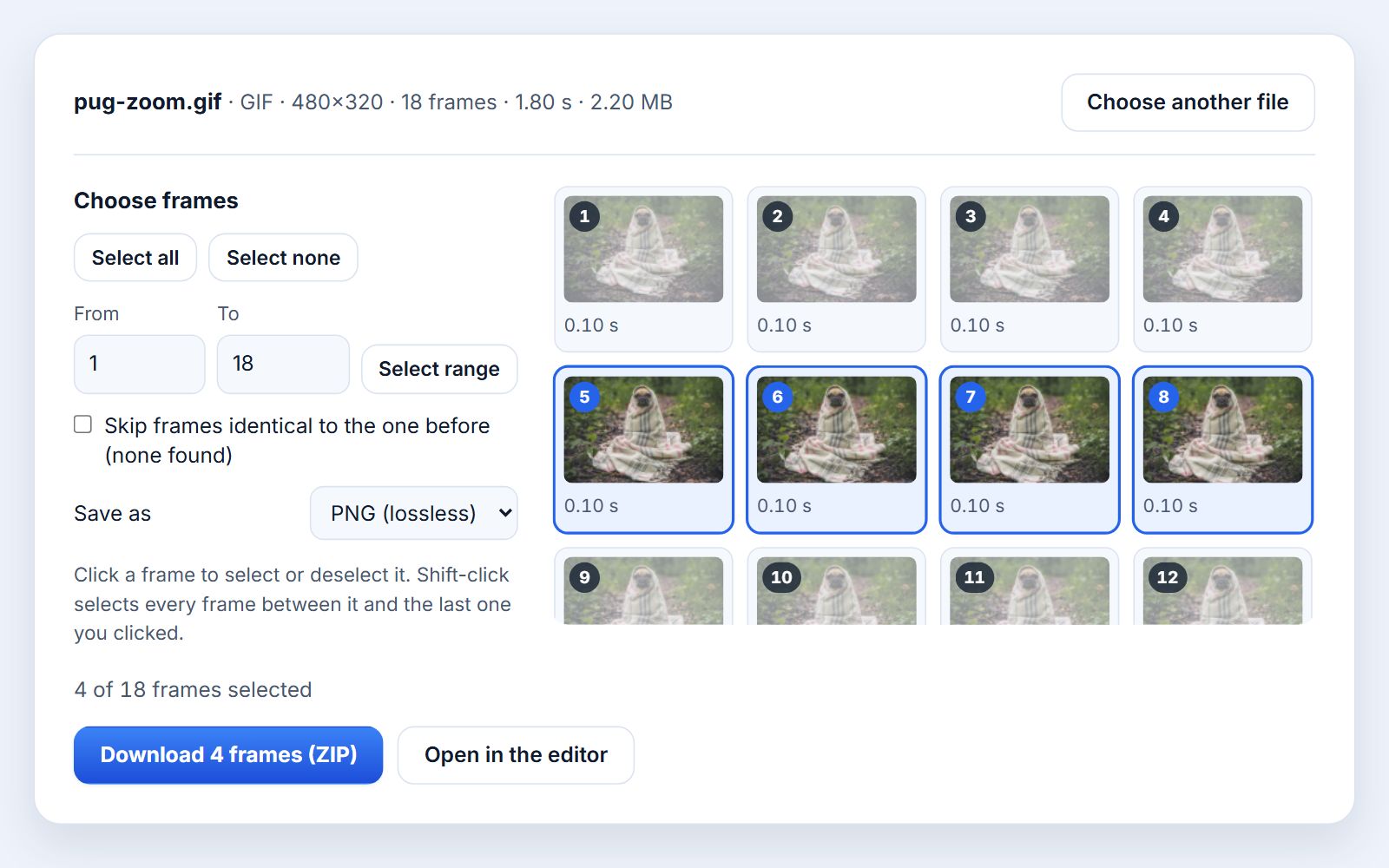 The Photoyam GIF frame extractor with an 18-frame, 480×320 GIF open: a grid of numbered frame previews, each showing 0.10 s, with frames 5 to 8 selected and a Download 4 frames (ZIP) button.