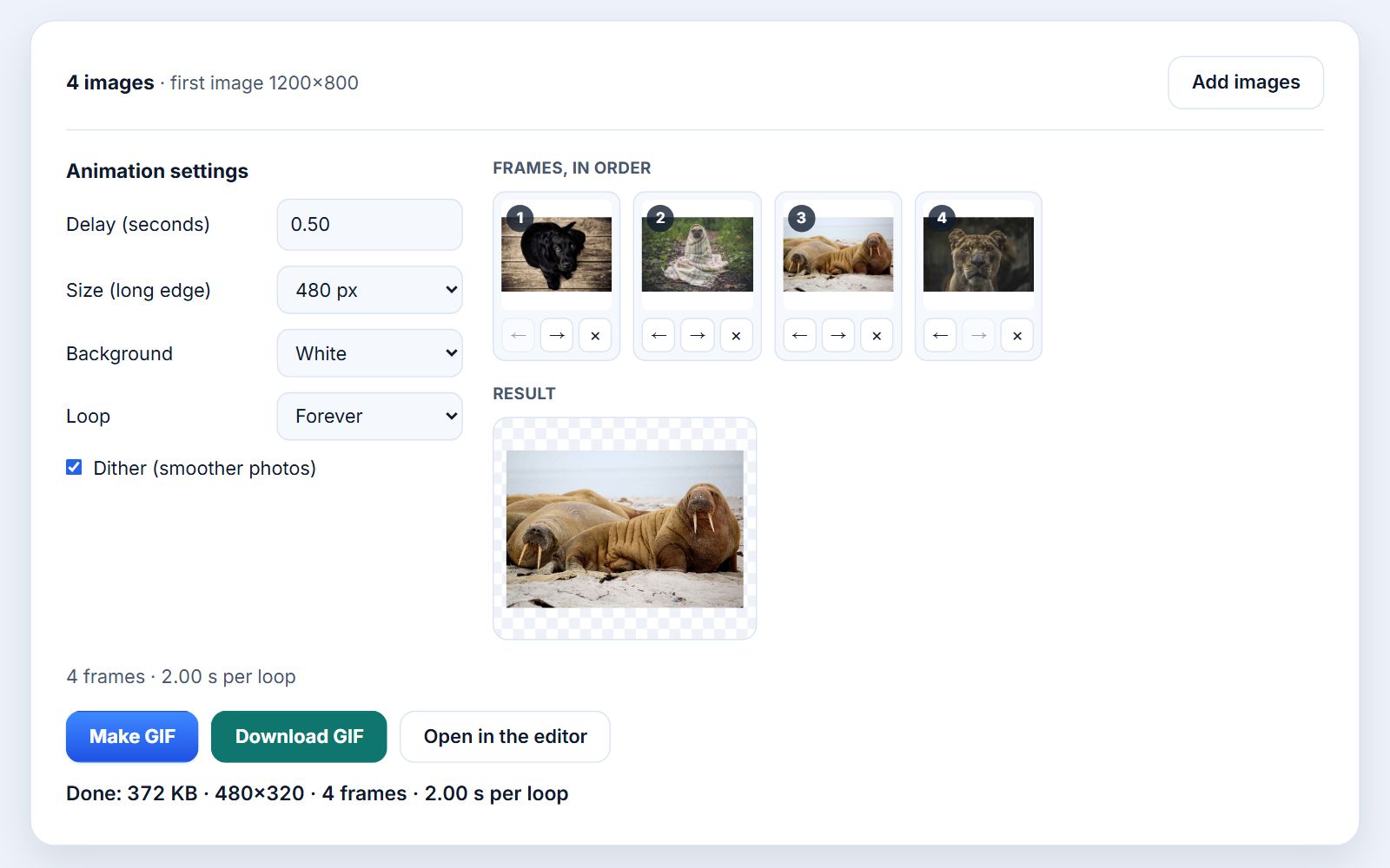 The Photoyam GIF maker with four photos loaded as numbered frames (a puppy, a pug in a blanket, walruses and a lioness), a 0.50 second delay at 480 px, and the finished 4-frame GIF of 372 KB ready to download.
