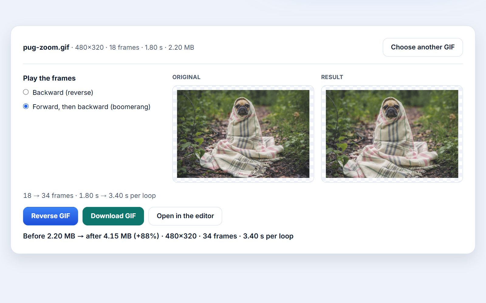 The Photoyam GIF reverser with an 18-frame GIF loaded and the boomerang option selected, showing the original and result previews, 18 → 34 frames, 1.80 s → 3.40 s per loop, and 2.20 MB before and 4.15 MB after.