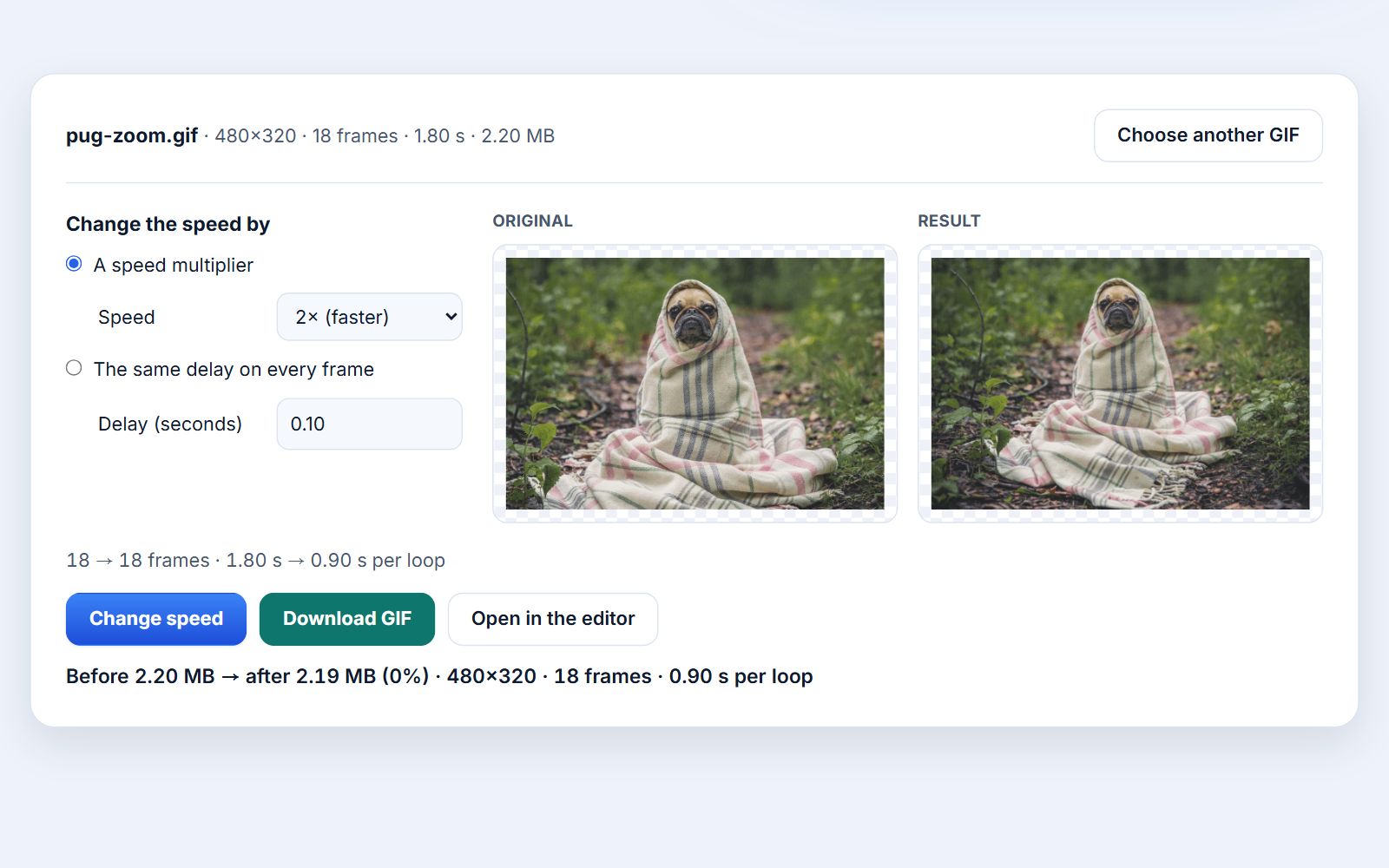 The Photoyam GIF speed tool with an animated GIF loaded, the speed multiplier set to 2× and the faster result previewed next to the original.