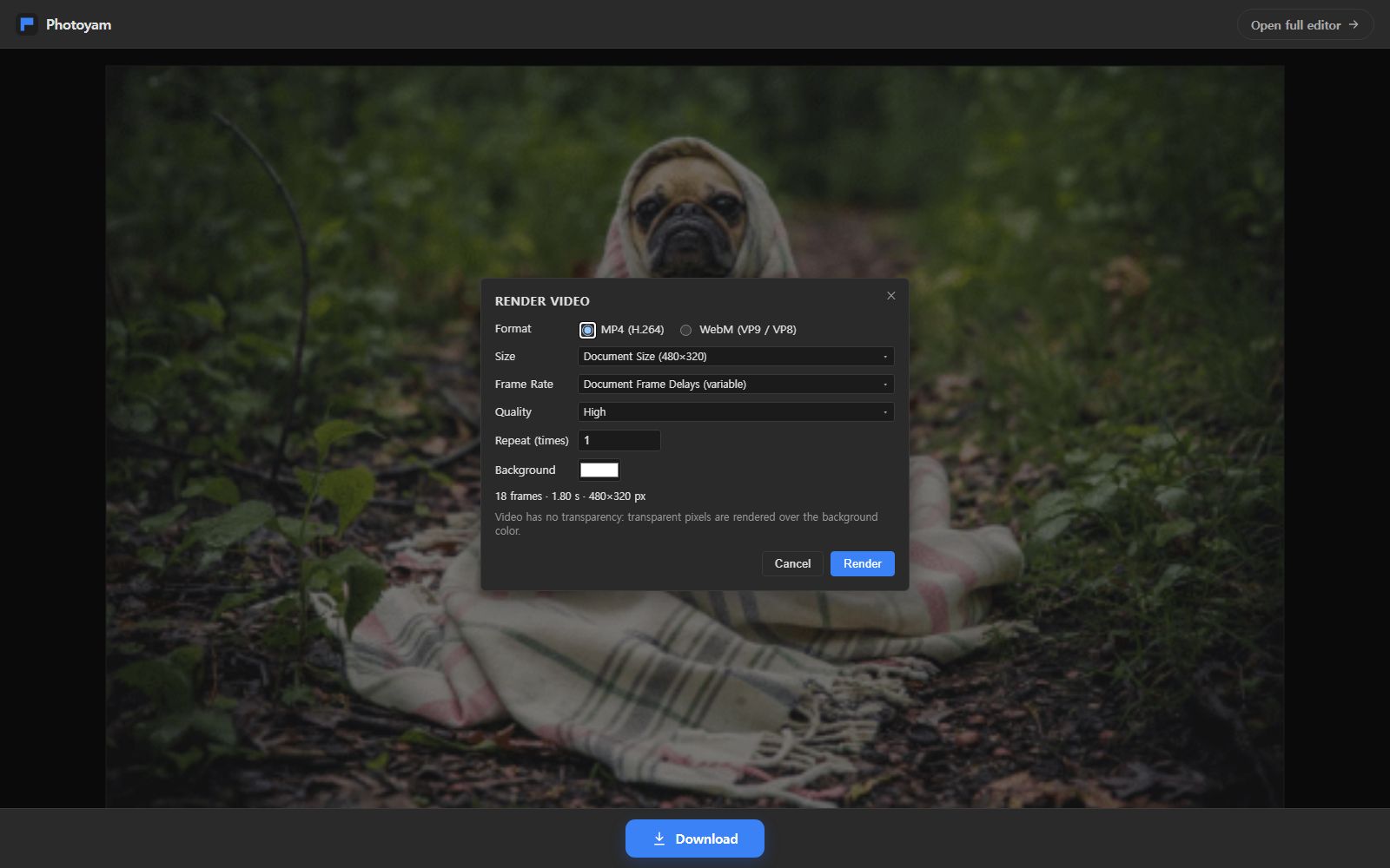 The Render Video dialog in Photoyam over an animated GIF of a pug in a blanket: MP4 (H.264) selected, Document Size 480×320, Document Frame Delays (variable), High quality, Repeat 1, white background, 18 frames, 1.80 s.