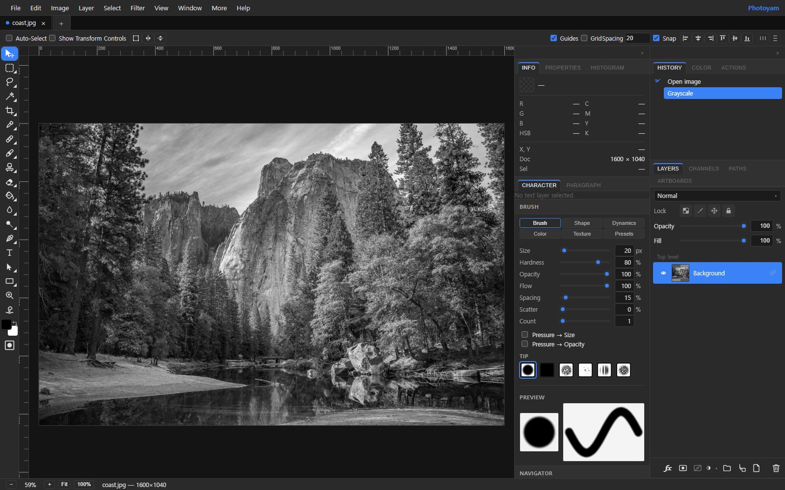 The Photoyam editor showing a black and white landscape of a granite cliff, pine trees and a river; the History panel lists Open image and Grayscale.