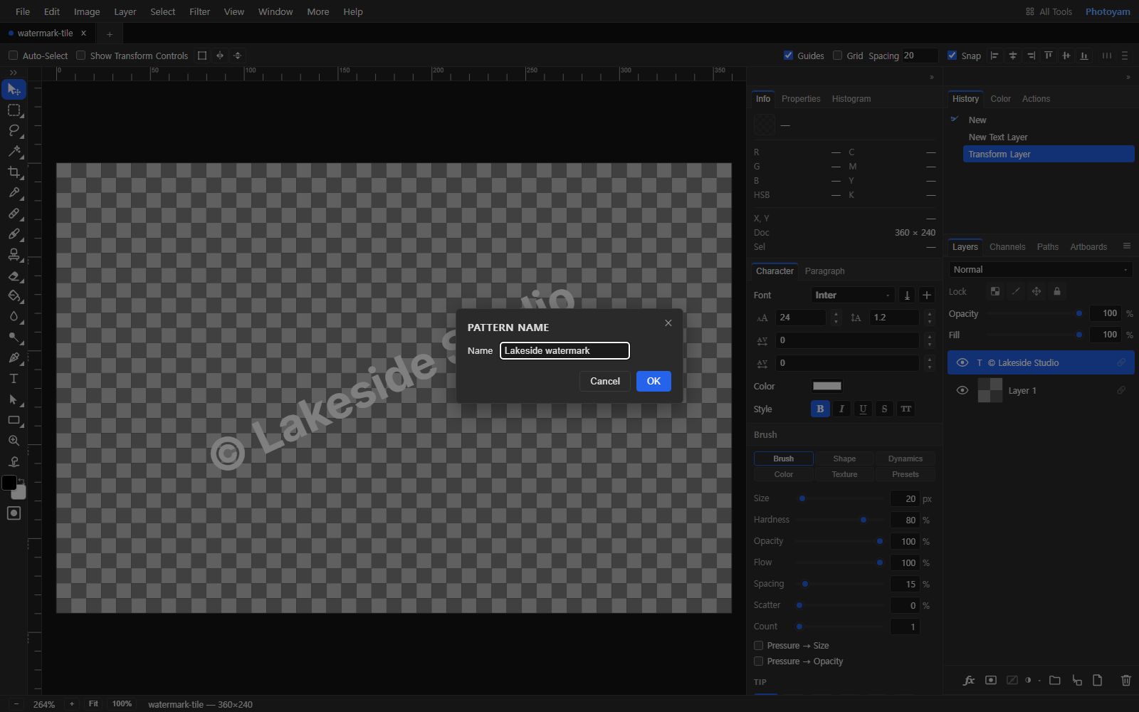 A 360 by 240 pixel transparent document in the Photoyam editor containing the white text "© Lakeside Studio" rotated upward to the right. The Pattern Name dialog is open in front of it with the name "Lakeside watermark" and Cancel and OK buttons.