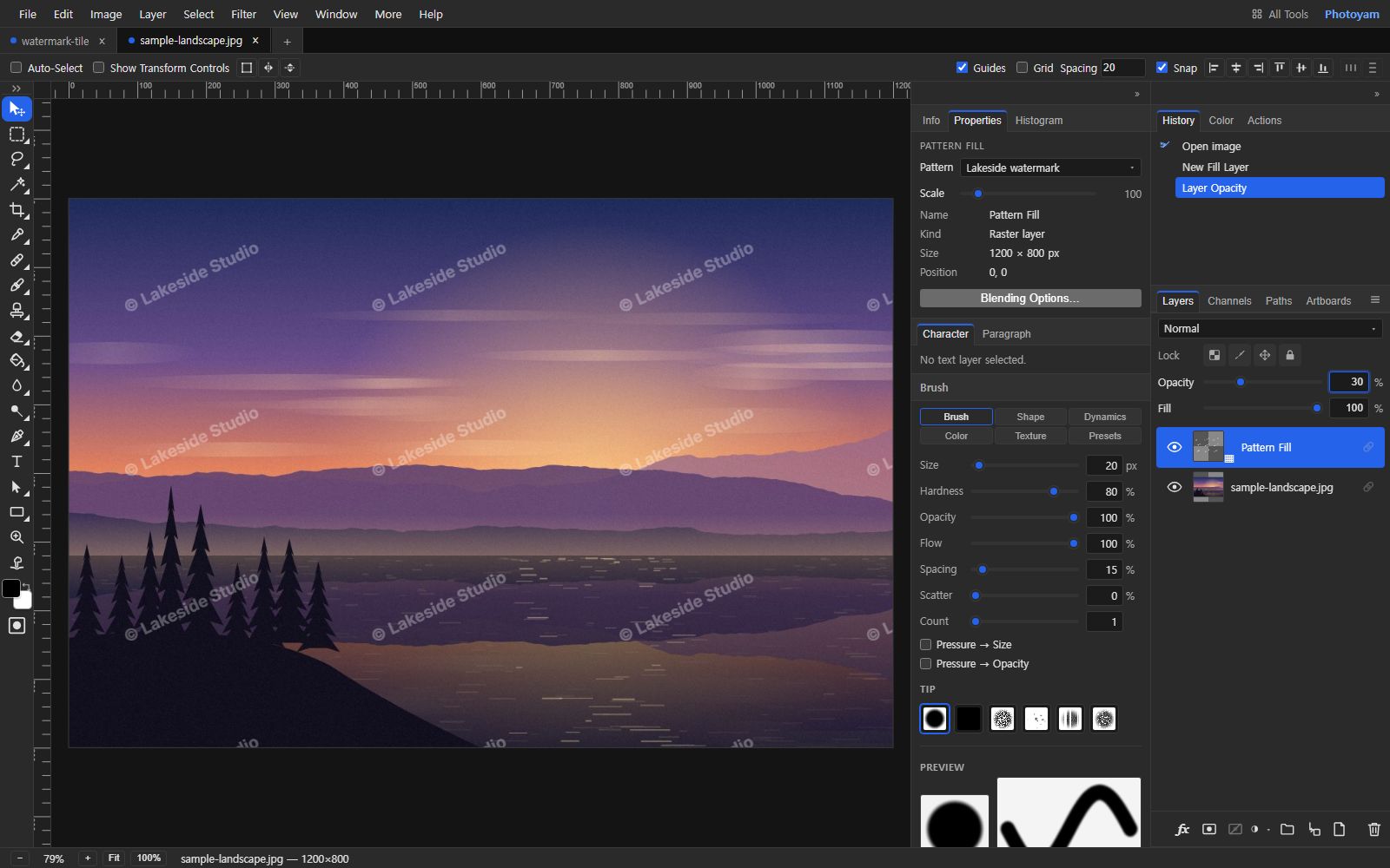 The lake sunset photo covered by rows of faint diagonal "© Lakeside Studio" text. The Properties panel shows Pattern Fill with the Pattern menu set to Lakeside watermark and Scale 100; the Layers panel shows a Pattern Fill layer at 30% opacity above the photo.