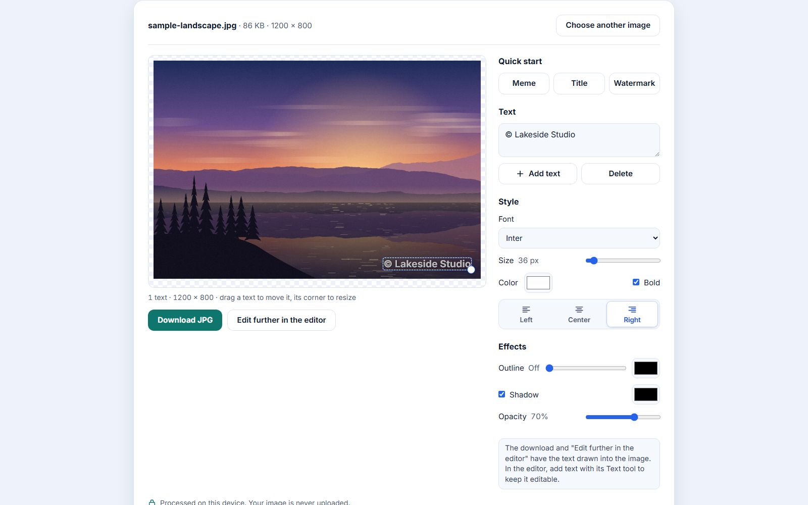 The Add text page with a lake sunset photo. The Watermark quick-start preset has placed "© Lakeside Studio" in the bottom-right corner; the side panel shows the Inter font, size 36 px, Right alignment, Shadow checked and Opacity 70%, with Download JPG and Edit further in the editor buttons under the image.