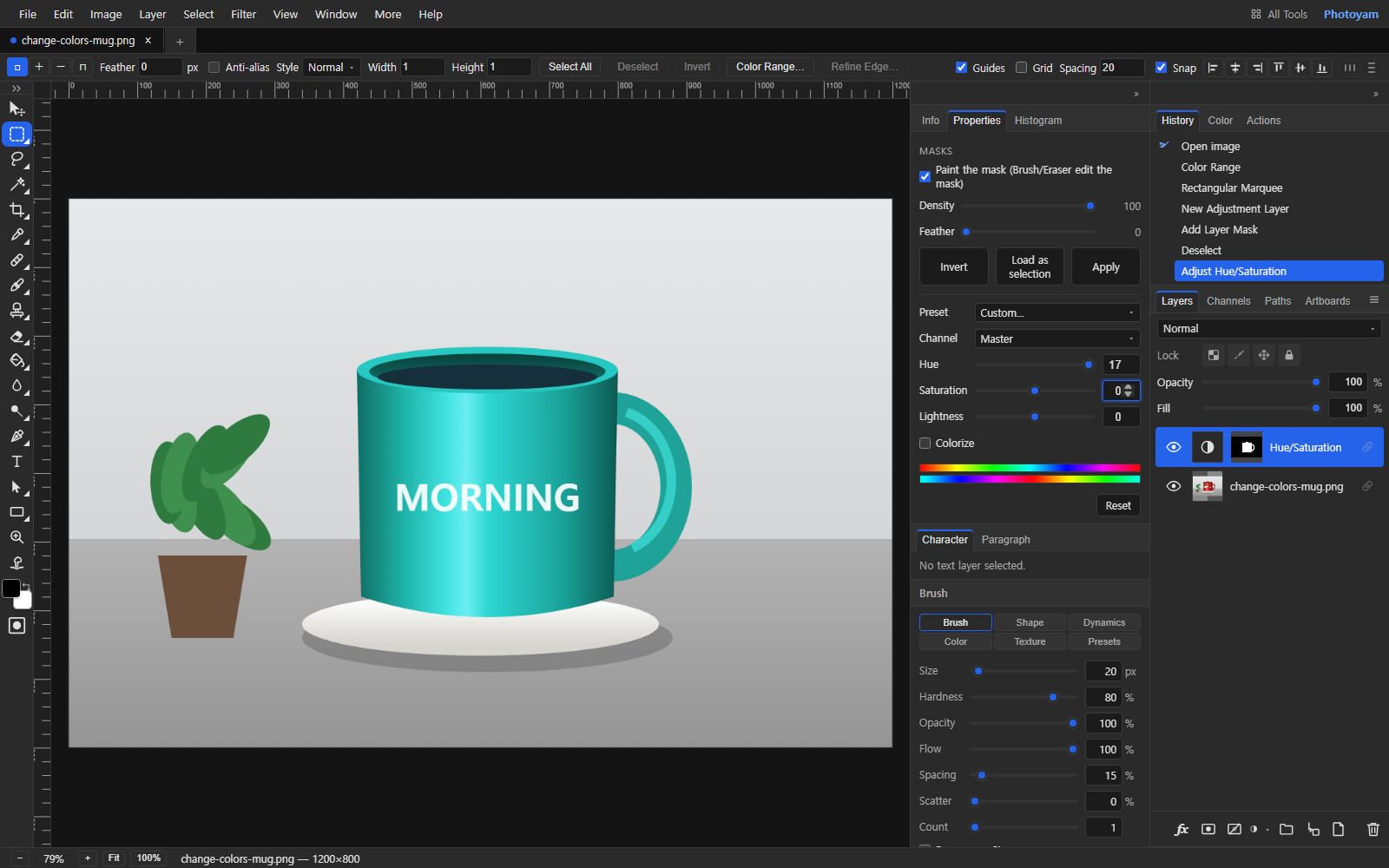 The mug is now teal with its shading, highlight and white MORNING lettering intact, while the green plant, brown pot, white saucer and gray background are unchanged. The Layers panel shows a Hue/Saturation adjustment layer with a black-and-white mask above the photo, and Properties shows the mask options and the Hue slider moved far to the right.