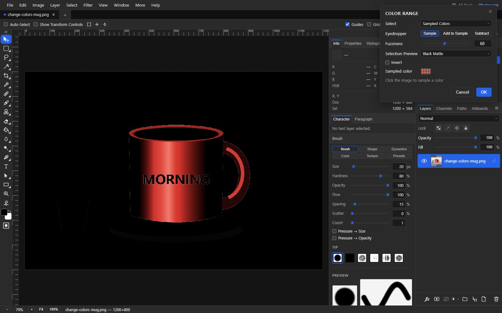 The Color Range dialog in the Photoyam editor set to Sampled Colors with Fuzziness 60 and Black Matte preview. The canvas is black except the red mug's lit front, rim and handle; the dark left and right sides of the mug and the white lettering are black, meaning unselected.