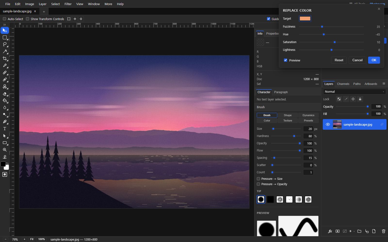 The Replace Color dialog over an illustrated lake at sunset, with an orange Target swatch, Fuzziness 35, Hue -45, Saturation 10, Lightness 0 and Preview ticked. The orange glow along the horizon has turned pink, while the purple sky, mountains and dark trees are unchanged.