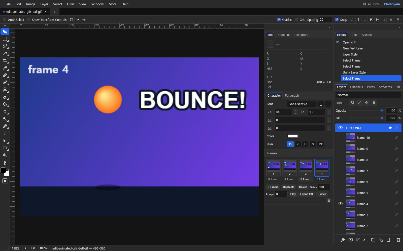 The Photoyam editor with a 10-frame GIF open, showing frame 4: an orange ball in mid-air and the bold white caption BOUNCE! with a dark outline. The Frames panel shows frames 1 to 4 at 0.1 sec each with frame 4 selected, and the Layers panel lists a text layer named BOUNCE! with an fx badge above layers Frame 10 down to Frame 2.