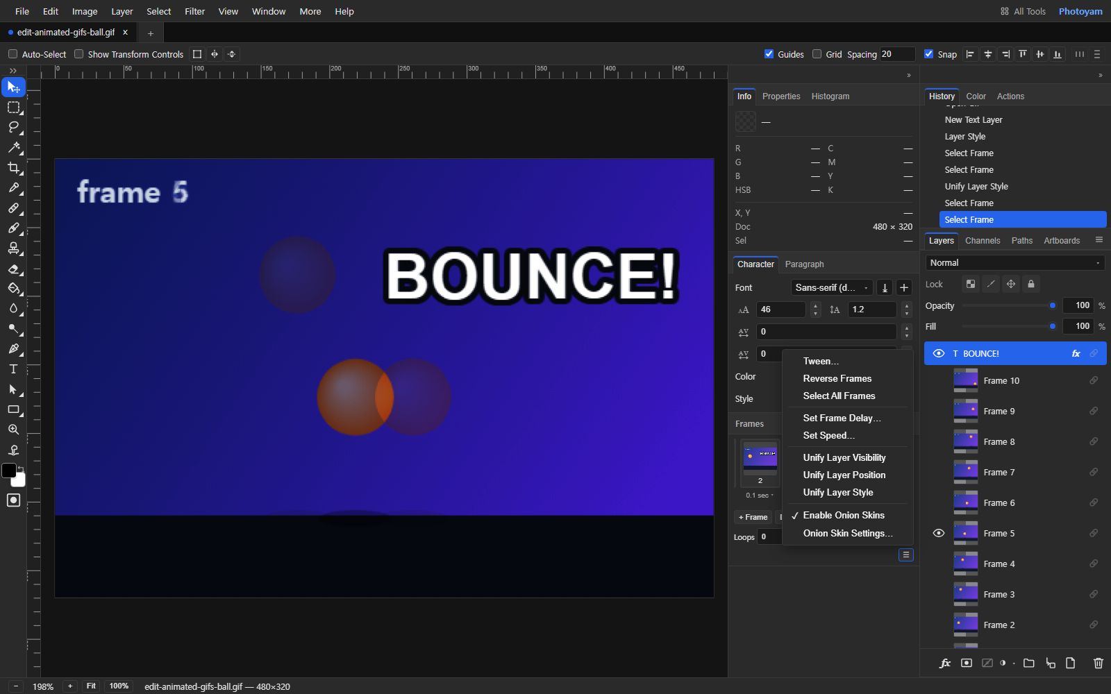 The editor showing frame 5 of the ball GIF with onion skins on: faint copies of the ball from the previous and next frames appear beside the current one. The Frames panel menu is open, listing Tween, Reverse Frames, Select All Frames, Set Frame Delay, Set Speed, Unify Layer Visibility, Unify Layer Position, Unify Layer Style, a checked Enable Onion Skins and Onion Skin Settings.