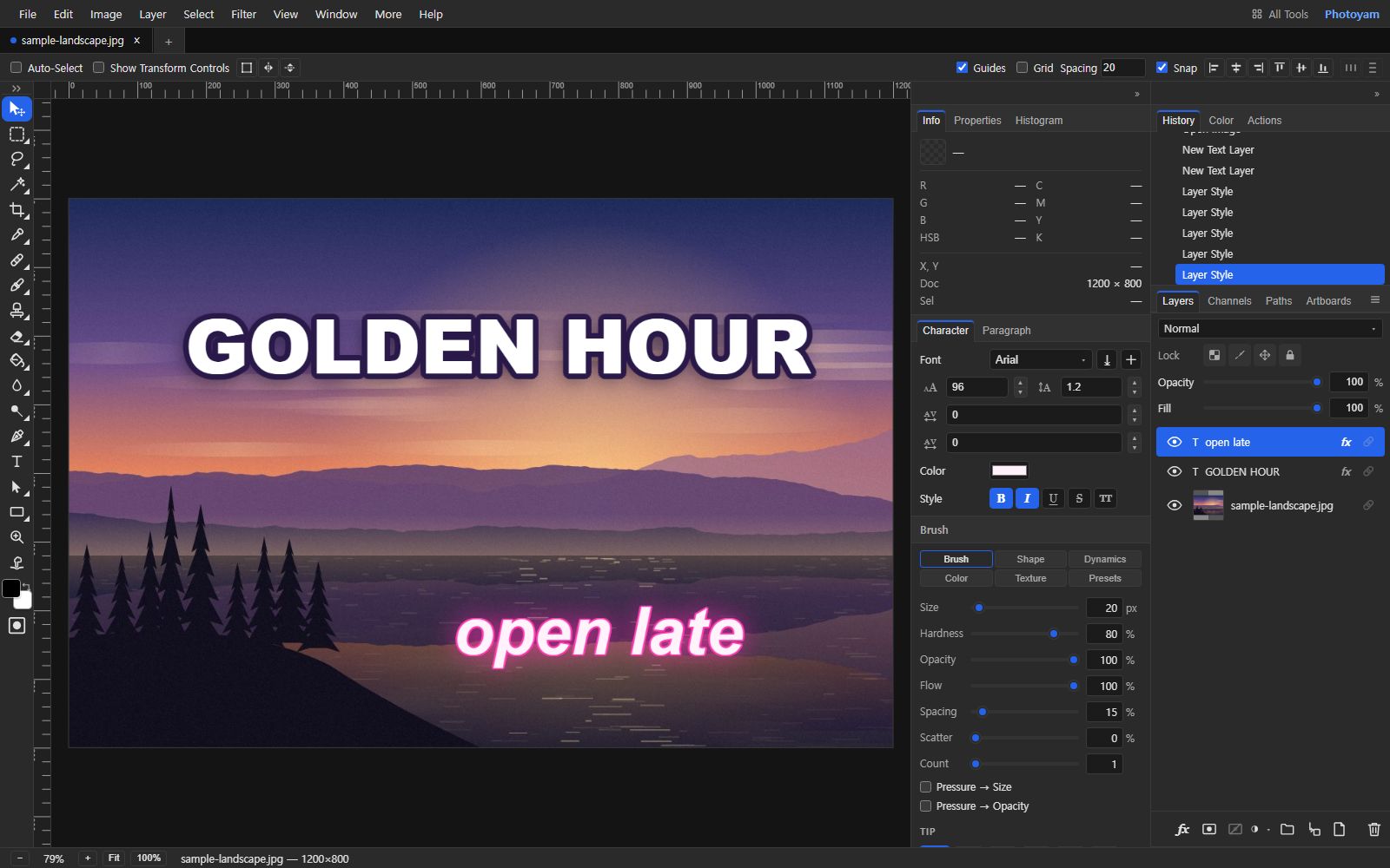 The Photoyam editor showing a purple and orange lake sunset with the words GOLDEN HOUR in white letters with a dark purple outline and shadow, and the words open late in pale pink with a pink glow. In the Layers panel on the right, both text layers show an fx badge.