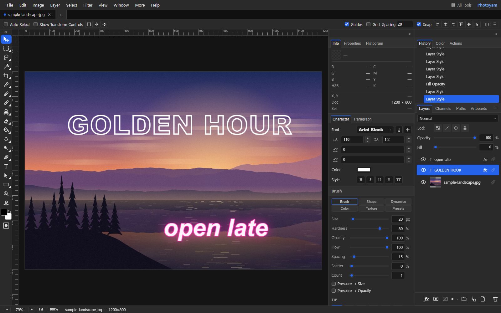 The sunset image in the Photoyam editor with GOLDEN HOUR now drawn as thin white outlines and the sky visible inside the letters. The Layers panel shows the GOLDEN HOUR text layer selected with Opacity 100 and Fill 0.
