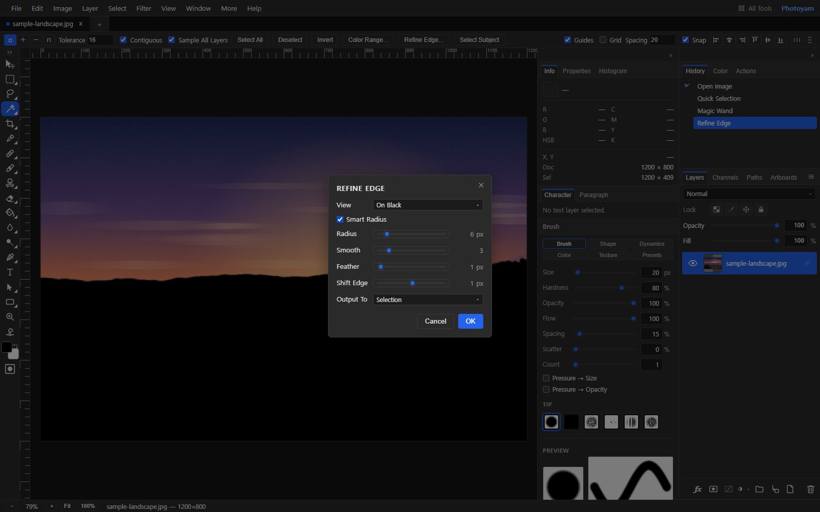 The Refine Edge dialog with View set to On Black, Smart Radius ticked, Radius 6 px, Smooth 3, Feather 1 px, Shift Edge 1 px and Output To Selection. Behind it, the selected sky shows normally while everything below the ridge line is black.