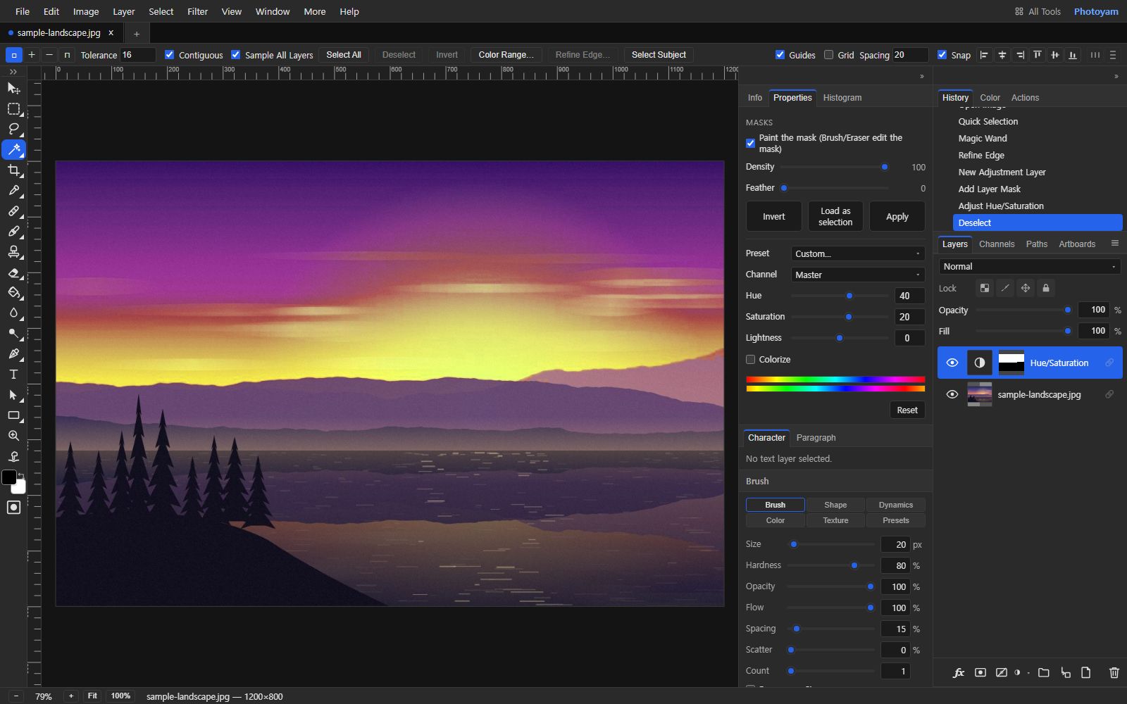 The same landscape with the sky shifted to magenta and yellow while the mountains, pine trees and lake keep their original purple tones. The Layers panel shows a Hue/Saturation adjustment layer with a black-and-white mask thumbnail above the photo layer, and the Properties panel shows Hue 40 and Saturation 20.
