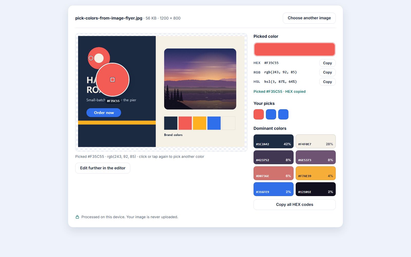 The Photoyam Color Picker page with a coffee-shop flyer image. A magnifier over the coral logo reads #F35C55; the panel on the right shows the picked color as HEX #F35C55, rgb(243, 92, 85) and hsl(3, 87%, 64%) with Copy buttons, three recent picks, and eight dominant colors with their share of the image.