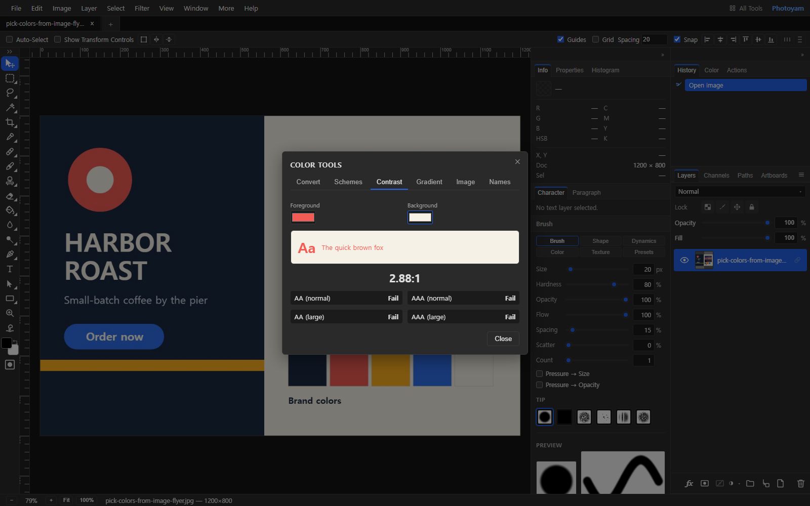The Color Tools dialog in the Photoyam editor on its Contrast tab, with tabs Convert, Schemes, Contrast, Gradient, Image and Names. Coral foreground on a cream background gives a ratio of 2.88:1, and AA normal, AAA normal, AA large and AAA large all read Fail.