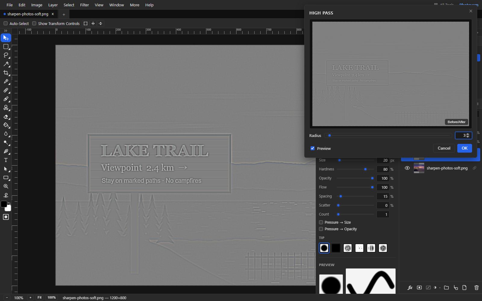 The High Pass dialog with Radius 3 over a duplicated layer. The canvas and the dialog preview show the trail sign scene as flat gray with only the outlines of the letters, trees and fence visible.
