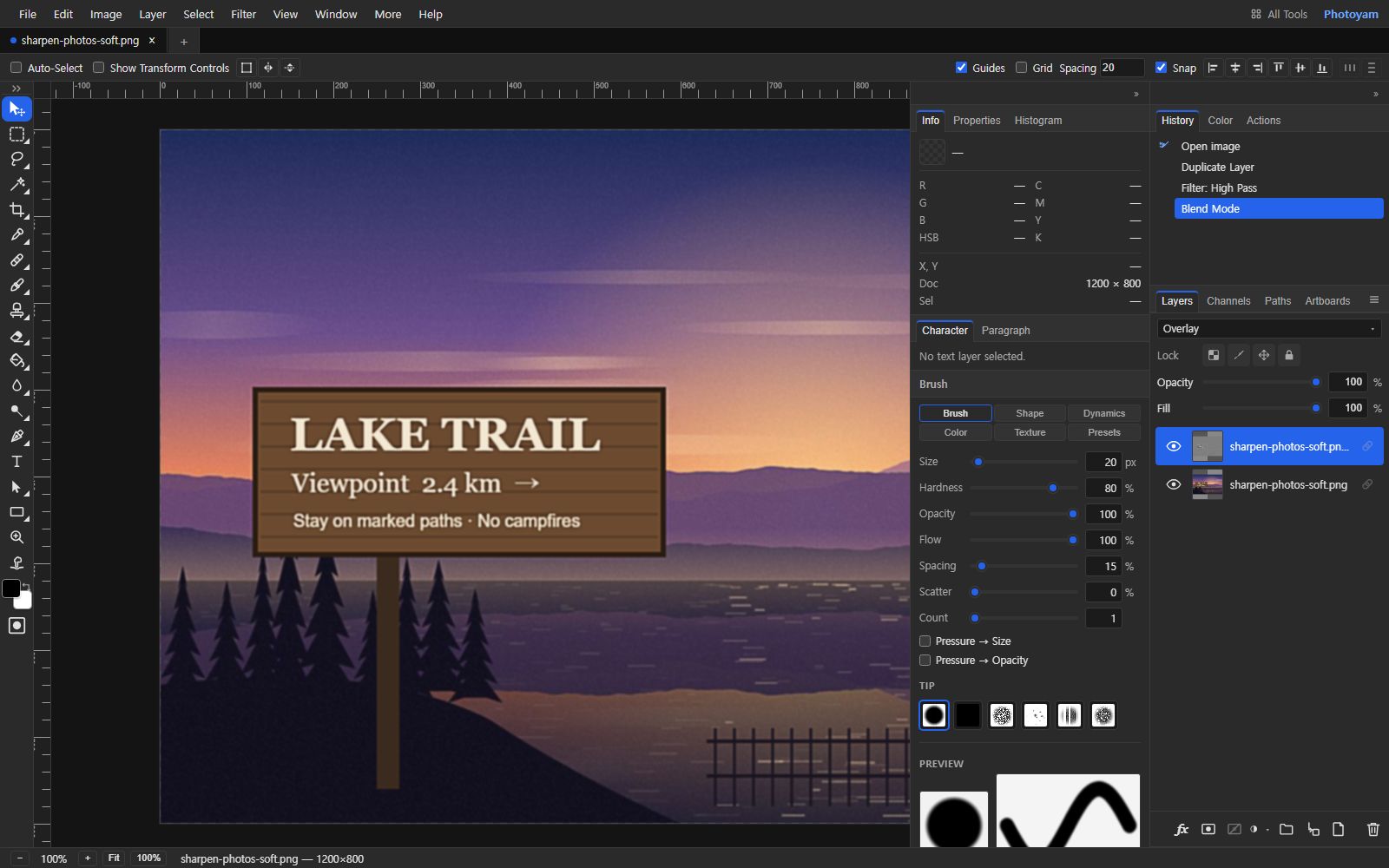 The trail sign image after High Pass sharpening, with crisper lettering. The Layers panel shows two layers, the top gray High Pass copy set to the Overlay blend mode at 100% opacity, and the History panel lists Open image, Duplicate Layer, Filter: High Pass and Blend Mode.