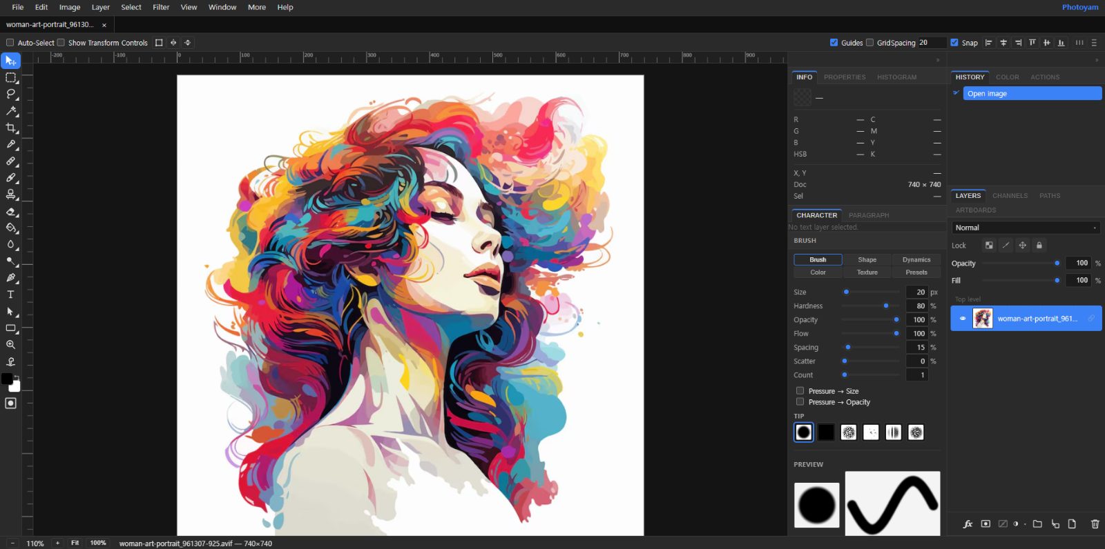 The Photoyam editor with an illustrated portrait open; the Layers panel on the right lists one layer, with the row of layer buttons at the bottom of the panel.