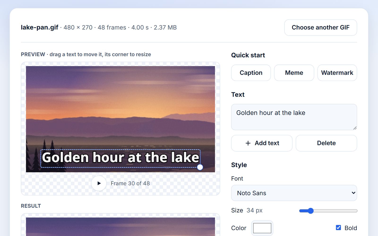 The Add Text to GIF page with a 48-frame GIF of a lake at sunset loaded: the preview shows the caption Golden hour at the lake in bold white with a dark outline and a resize handle, a Play button and Frame 30 of 48, and on the right the Caption, Meme and Watermark presets, the text box, Add text and Delete buttons and the Style options.