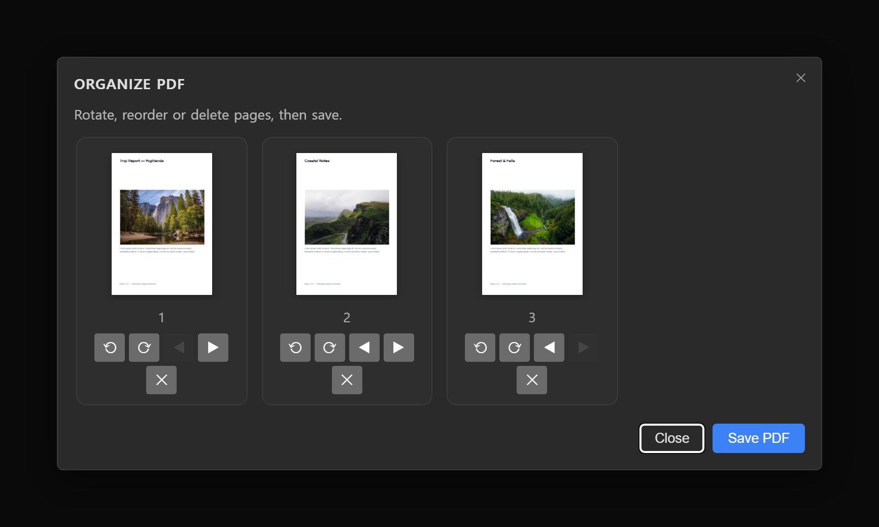 Photoyam's Organize PDF window showing three page thumbnails numbered 1 to 3, each with rotate left, rotate right, move left, move right and delete buttons.