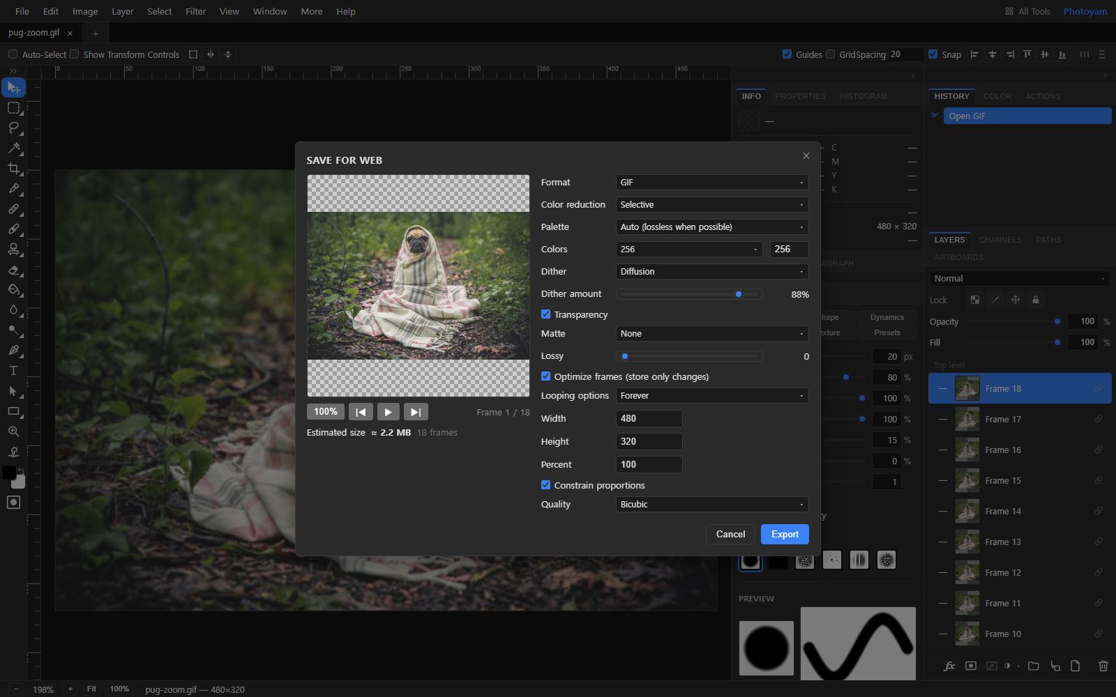 Photoyam's Save for Web dialog with GIF selected: preview of a dog in a blanket, Estimated size about 2.2 MB for 18 frames, and options for Color reduction, Palette, Colors, Dither, Dither amount, Transparency, Matte, Lossy, Optimize frames, Looping options, Width, Height, Percent and Quality.